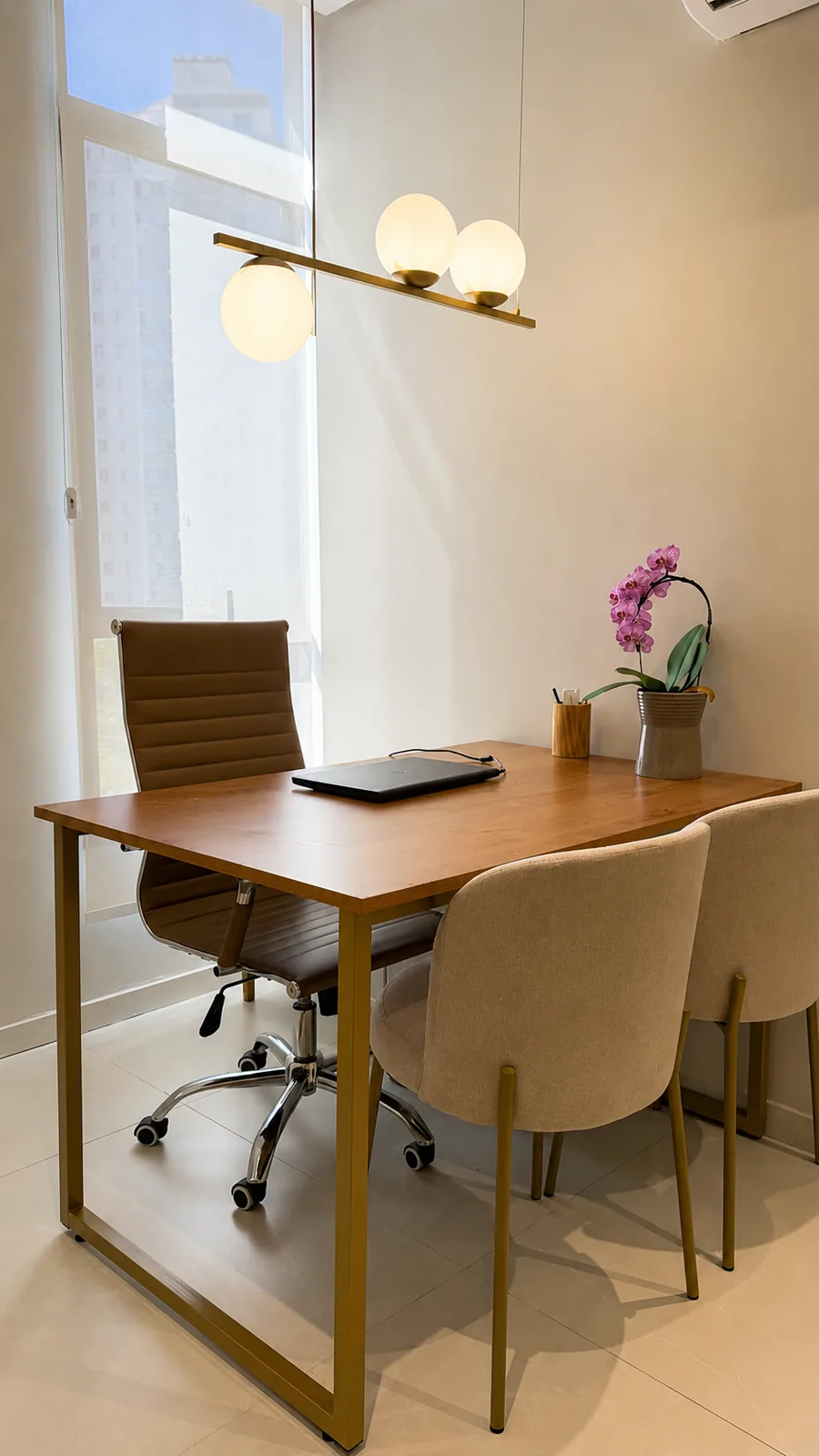 Consultório com mesa de madeira, cadeiras e iluminação pendente