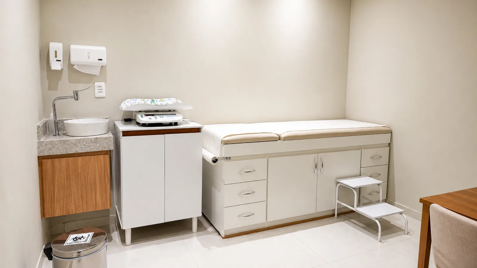 Sala de procedimentos com maca, balança infantil e bancada com pia