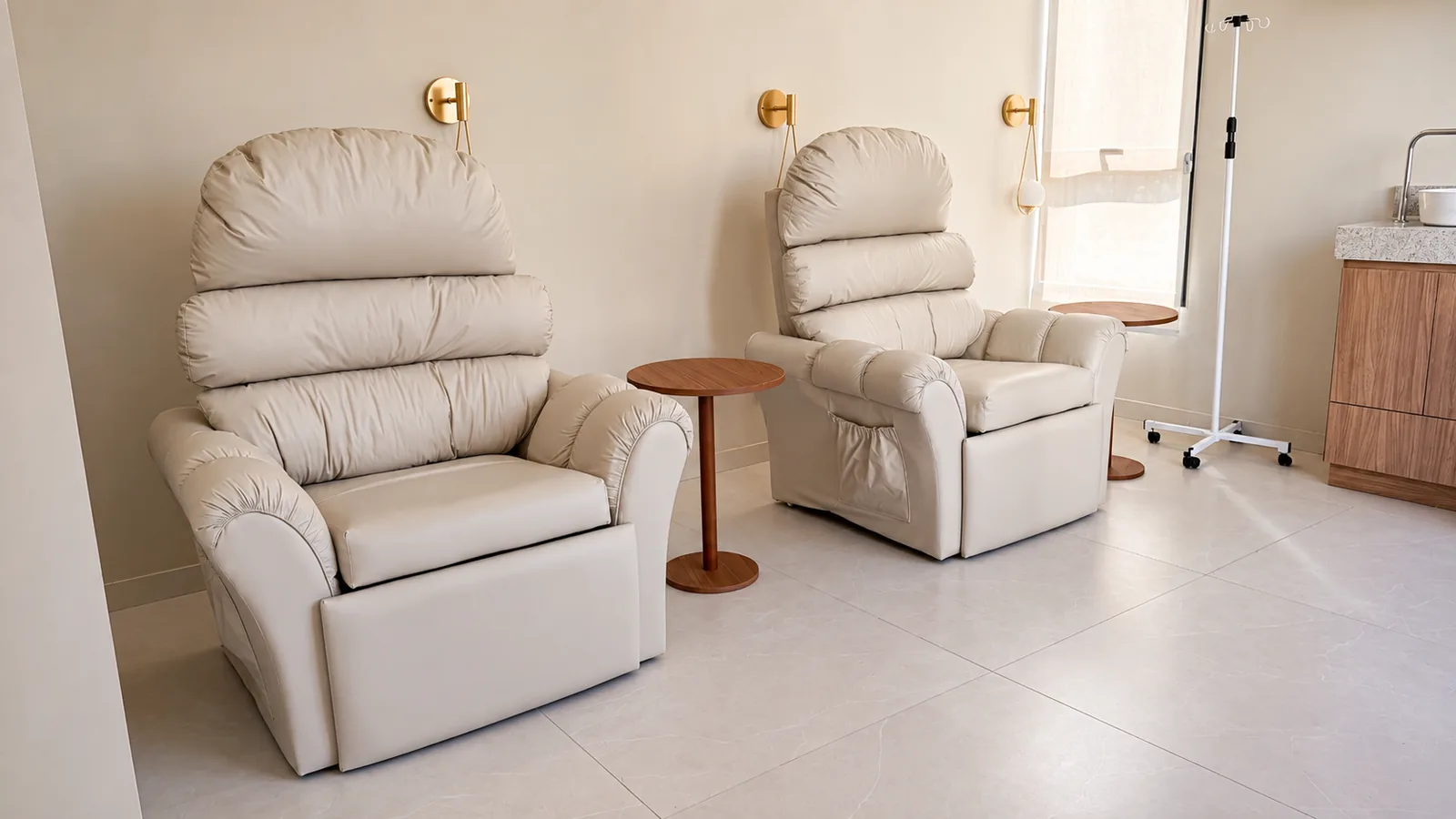 Sala de injetáveis com duas poltronas reclináveis e suporte de soro